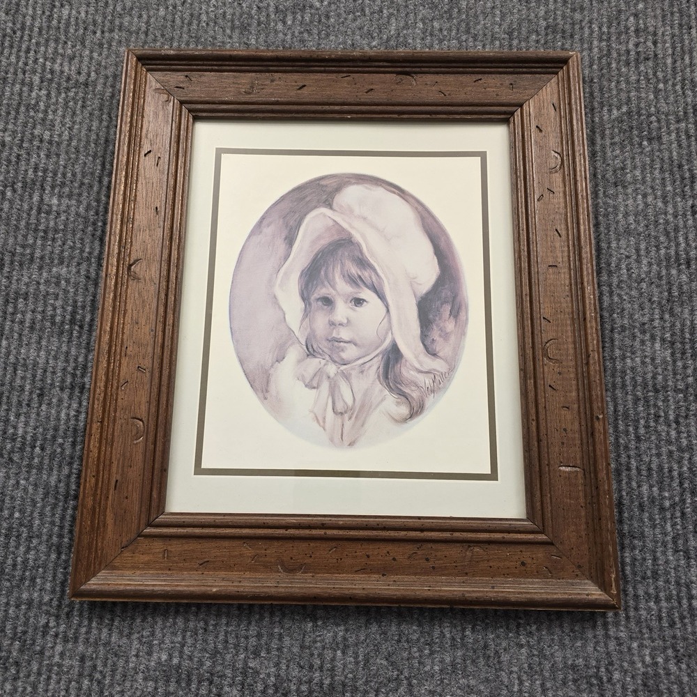 Val Miller Portrait Sketch Girl in Bonnet Vintage Framed Art Charcoal Style
